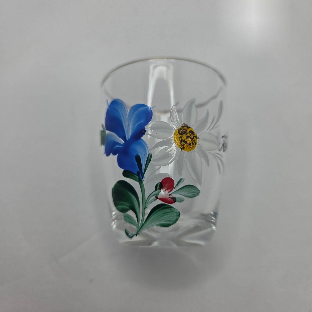 Kufstein Austria Souvenir Shot Glass Hand Painted Floral Silver Rim Vintage 2in